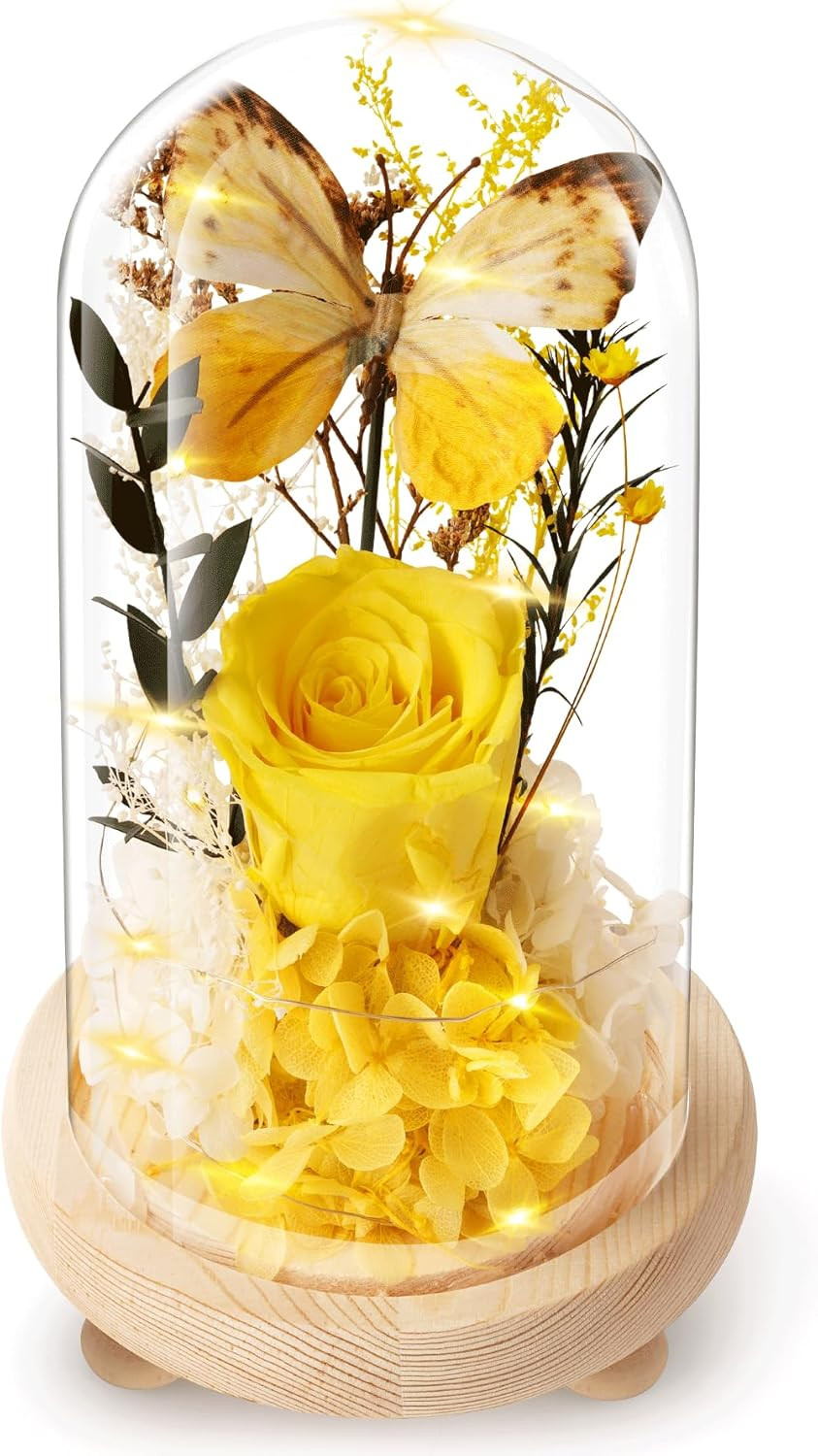 Preserved Yellow Roses in Glass Dome – Perfect Gift for Her on Any Occasion