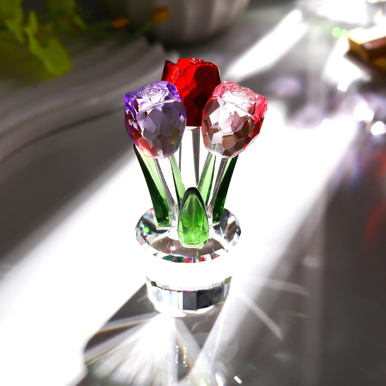 Crystal Rose Figurine 3 Roses Red Purple Pink K9 Crystal Gift Box for Women