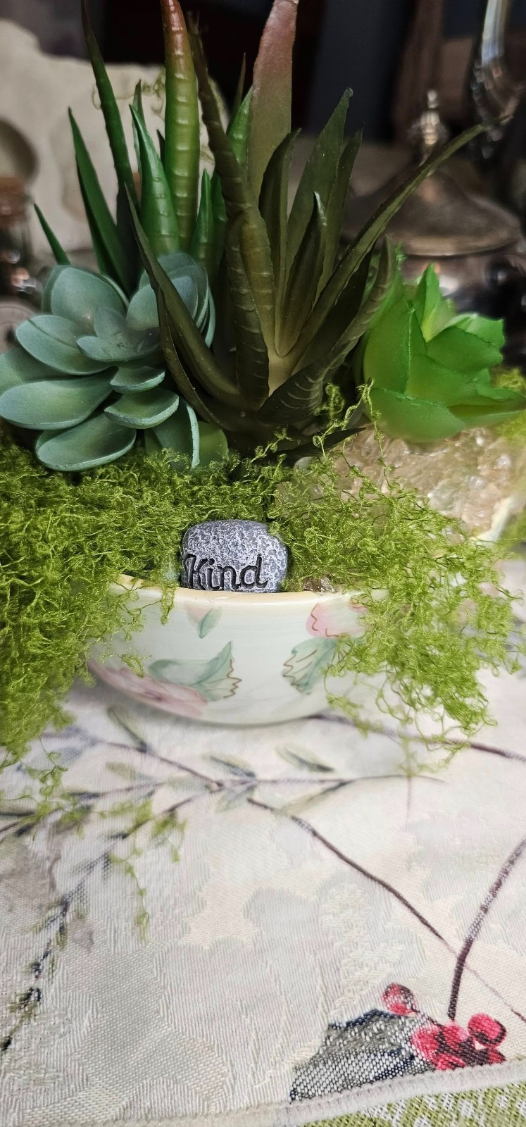 OOAK Upcycled DIY Succulent Tea Cup Fake Artificial Plant Decor Rose Quartz