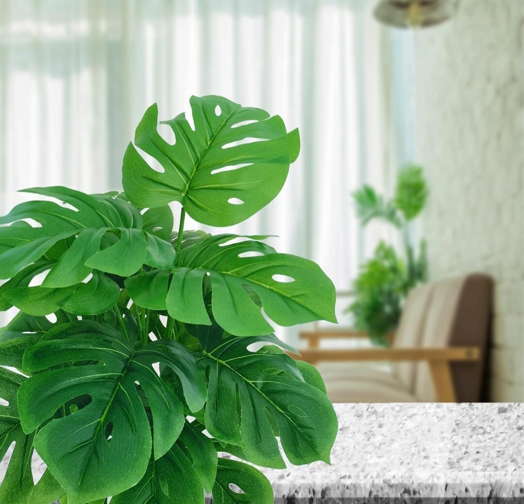 Set of 2 Artificial Monstera Deliciosa Plants in Pots, Fake Tropical Palm Tre…