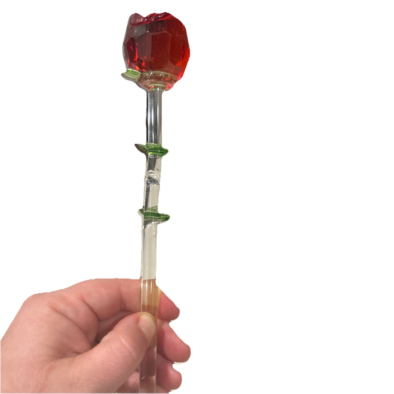 Lot 2 Crystal Glass Red Rose Clear Green Stem 13” In Tact (missing some petals)