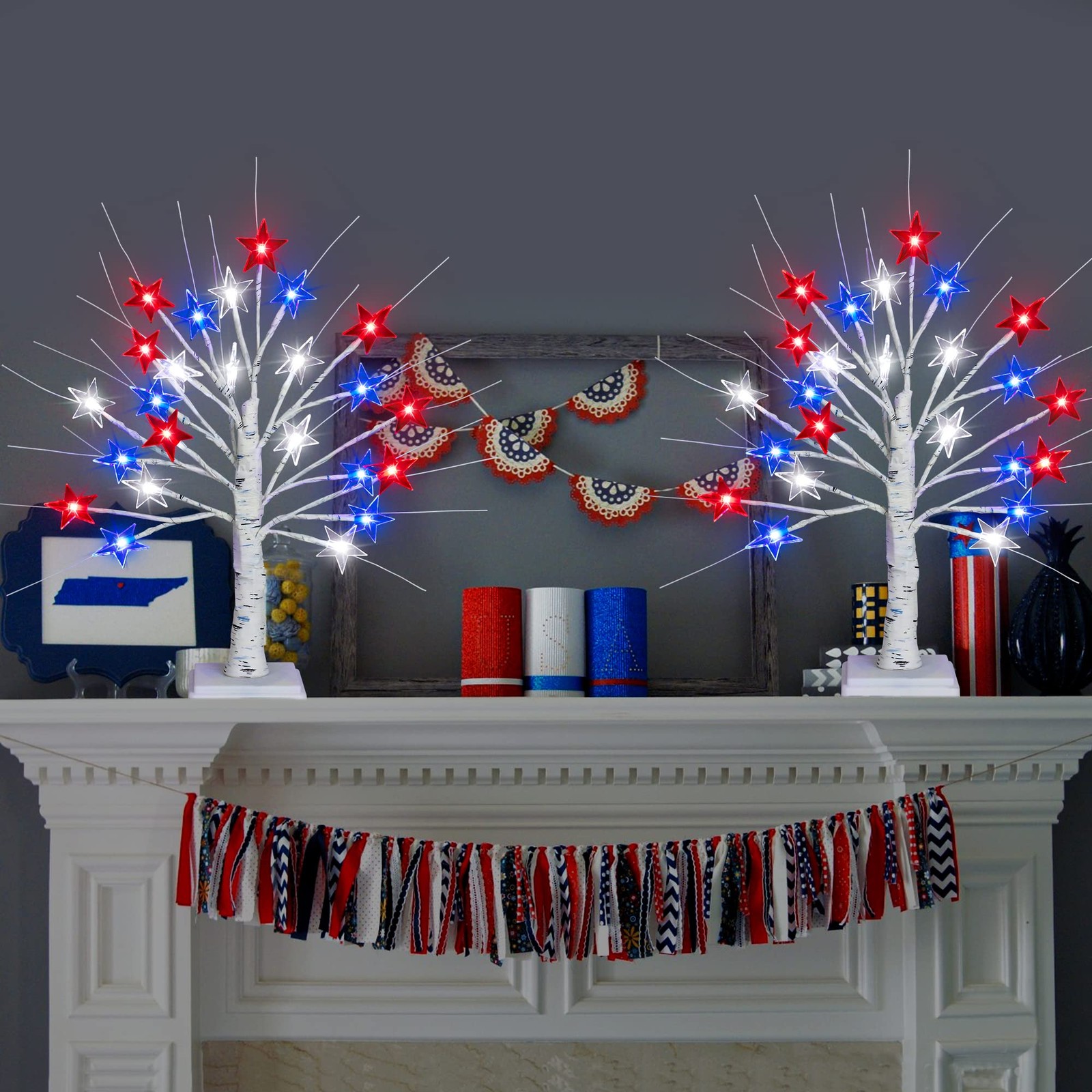 [Timer] 2 Pack 18 Inch 4th of July Patriotic Decorations Tree Light with 24 L…