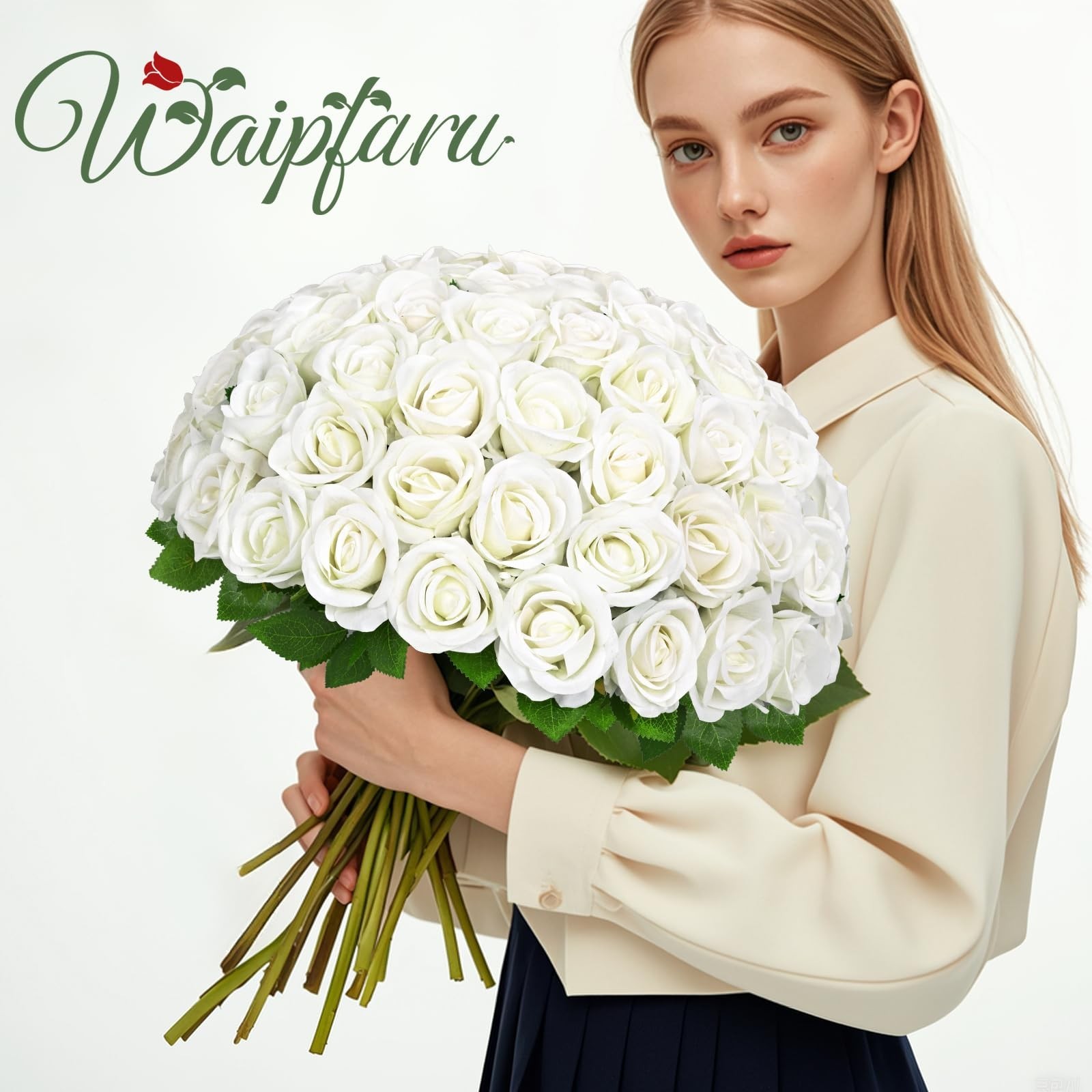 Waipfaru 100 Pcs White Roses Artificial Flowers Bulk, Real Touch Velvet Roses