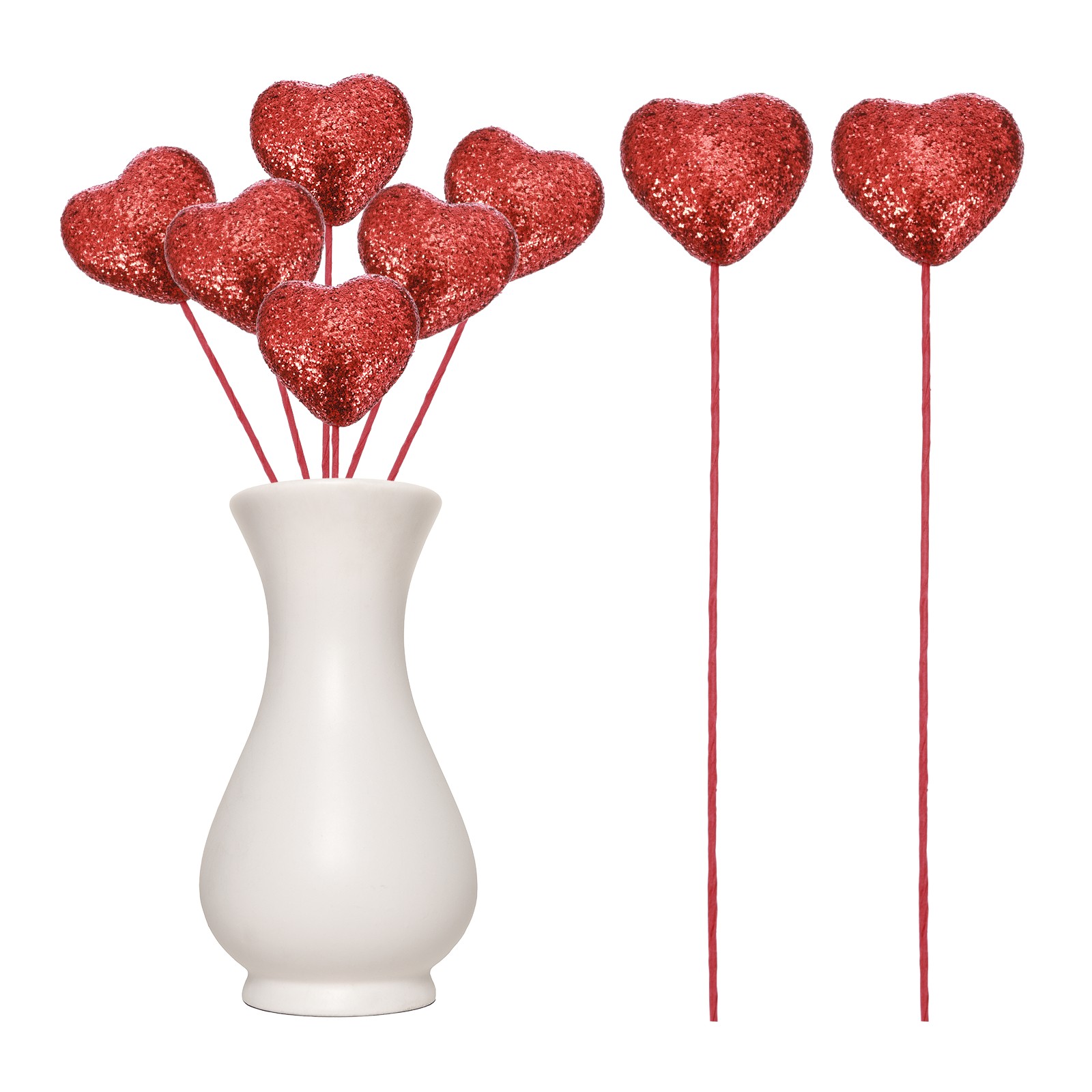 6 Pcs Glitter Heart Shaped Picks Puffy Foam Hearts Stick (Red, 4cm x 22cm)