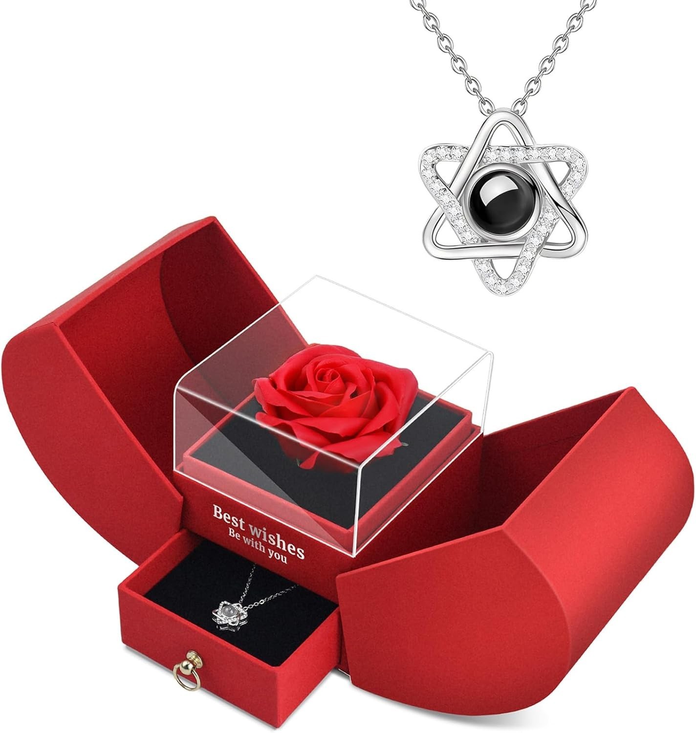 Preserved Red Real Rose with Heart I Love You Necklace -Eternal Flowers