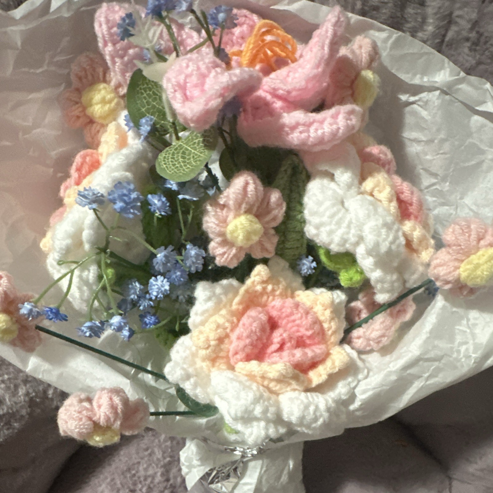 Handmade Crochet Yarn Artificial Mixed Flower Bouquet Pink White Blue Green