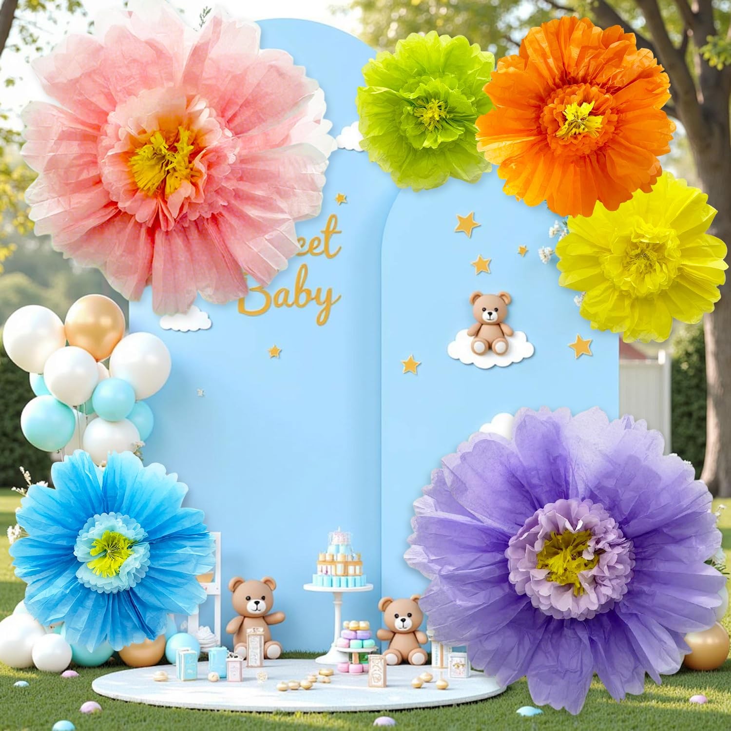 6 PCS Colorful Giant Paper Flowers 39.4/31.5/23.6 Inch Wall Decoration