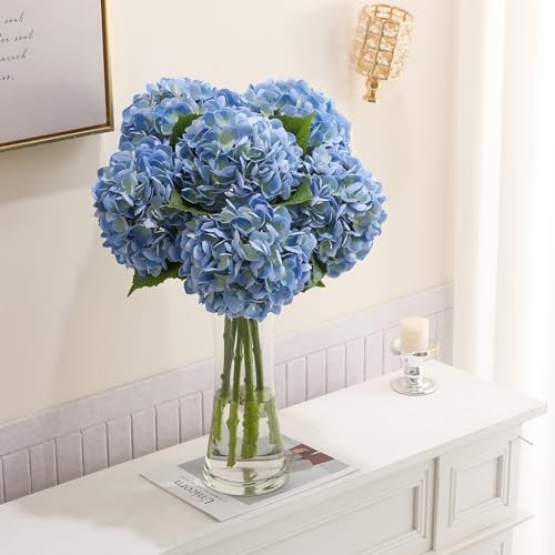 6PCS 22 inch Hydrangea Artificial Flowers Real Touch Faux Hydrangea Blue