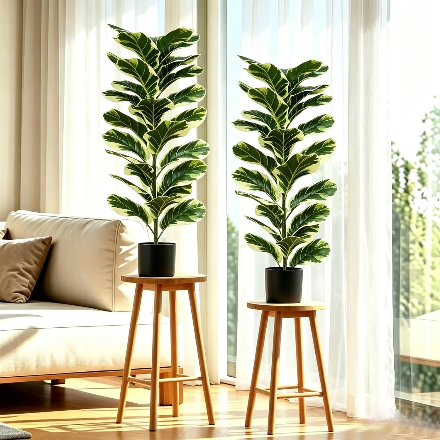 Set of 2 Fiddle Leaf Fig Tree 40” Fake Tree Plants Artificial Decor with Green