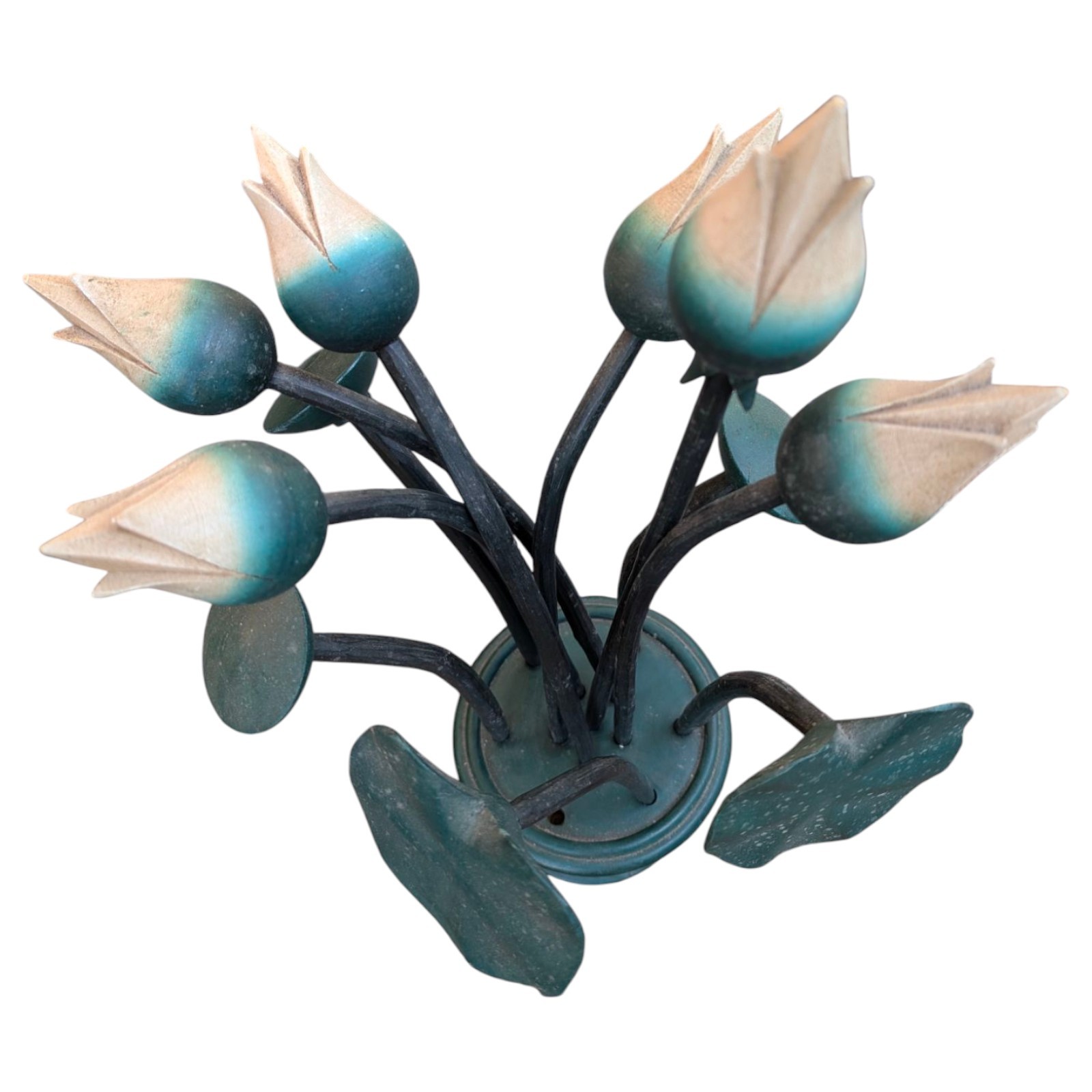 Vintage Mid Century Green Hand Carved Wooden Tulip On A Wooden Flower Frog Base