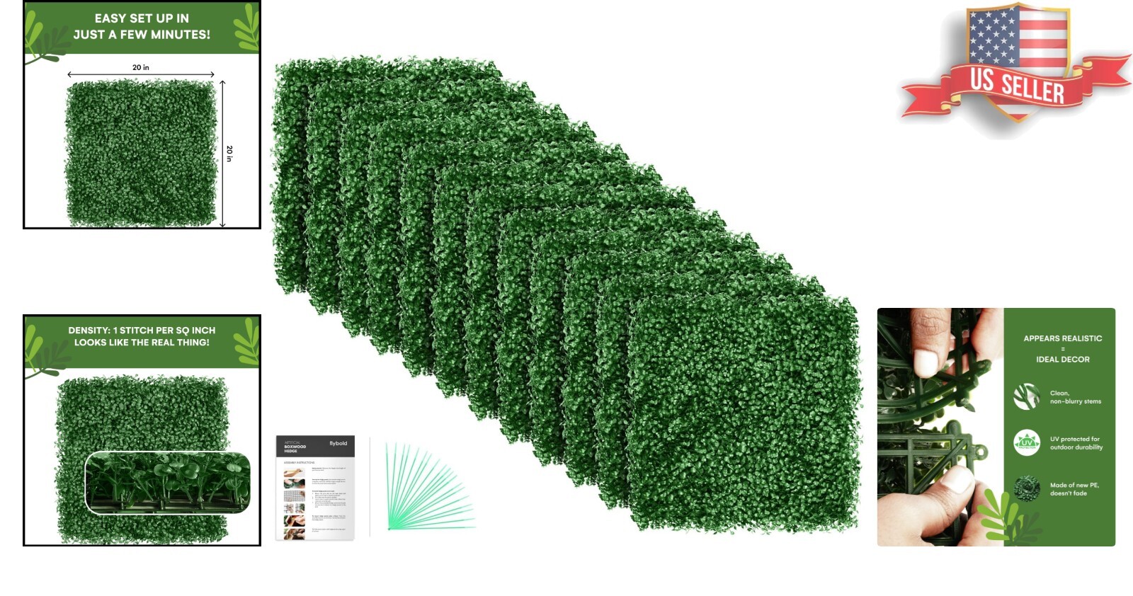 Realistic Grass Wall Panels – UV Protected – Pack of 12 – Includes Zip Ties