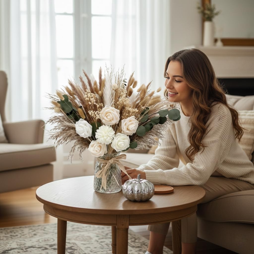 Indoor Artificial Dried Flowers with Vase for Table Top Decor,Natural Dried P…