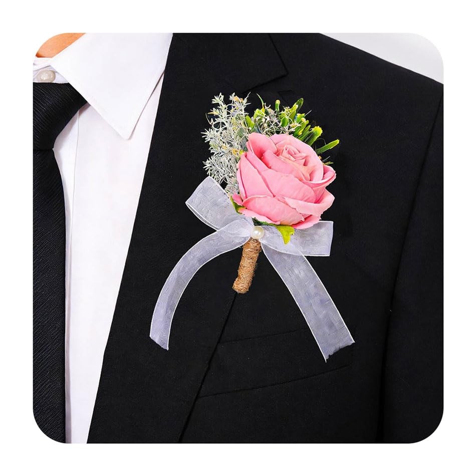 Pink Groom Wedding Rose Boutonniere Prom Buttonhole Suit Accessory Decor