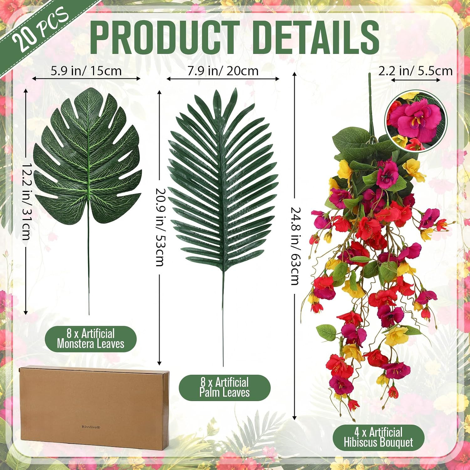 20 Pcs Tropical Hibiscus Flowers & Palm Leaves for Luau Party Decor