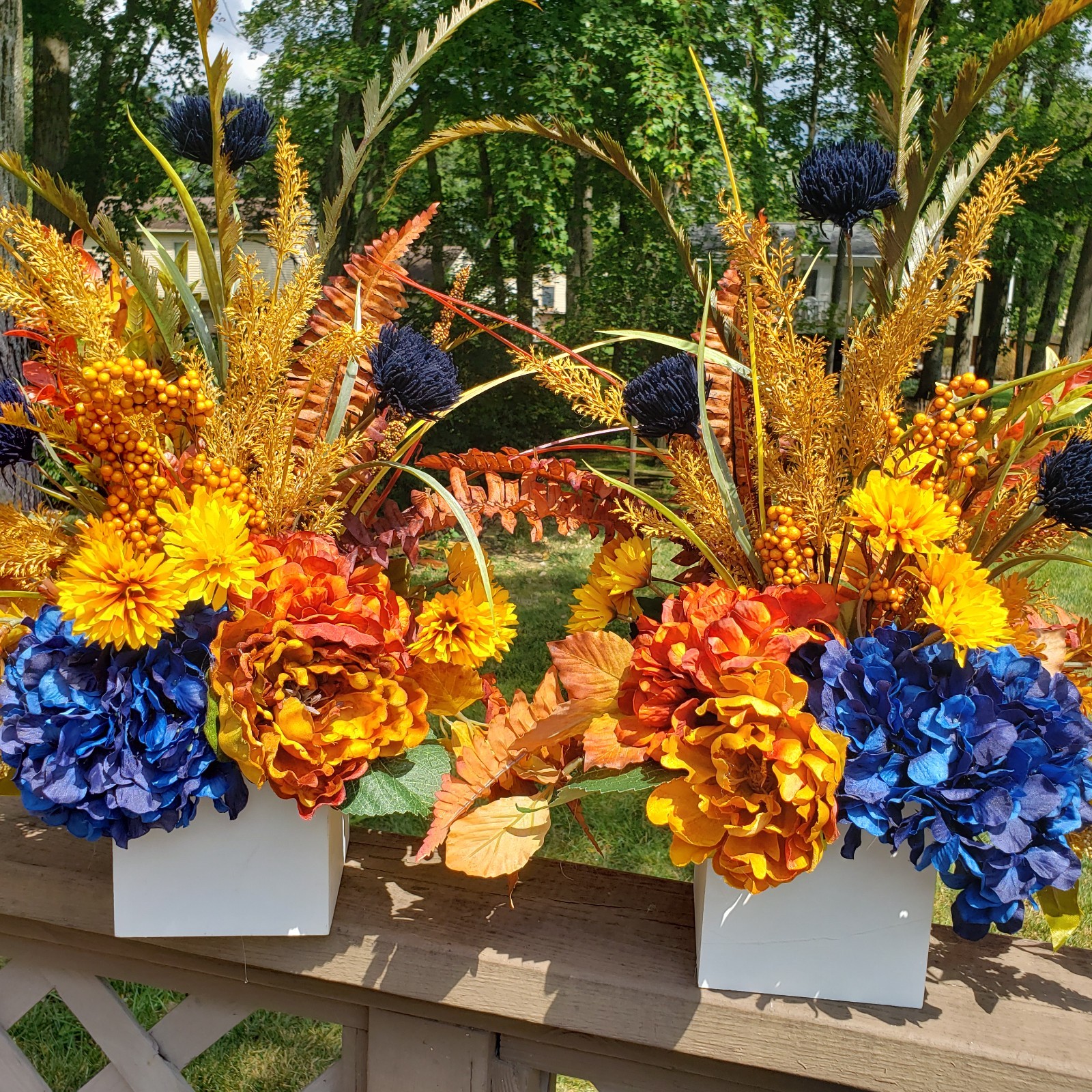 Set of 2 Large Fall Floral Arrangements, Blue Hydrangea Autumn Mantel Decor