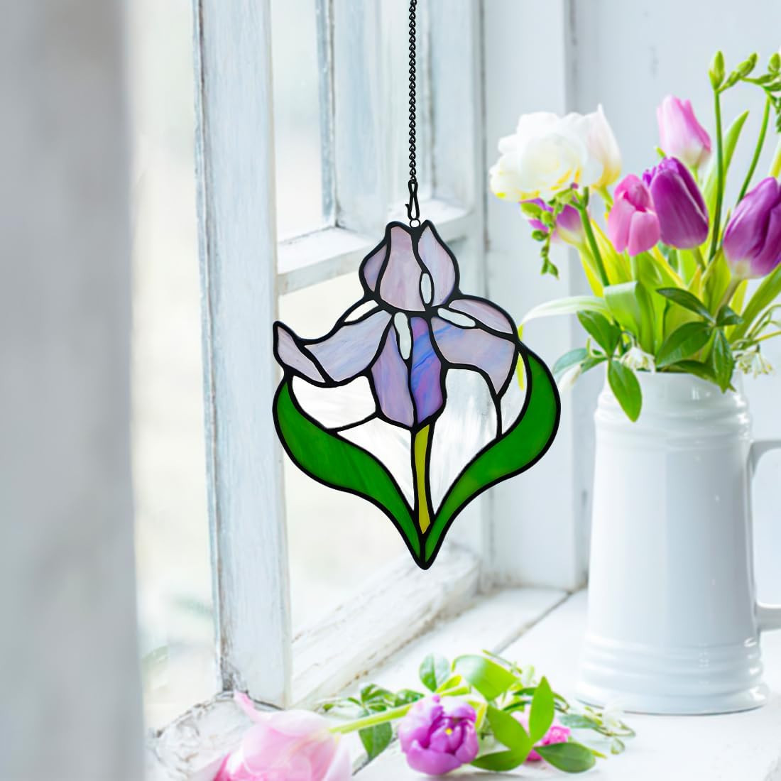 Iris Flower Stained Glass Window Hangings,Iris Flower Gifts for Women,Artificial