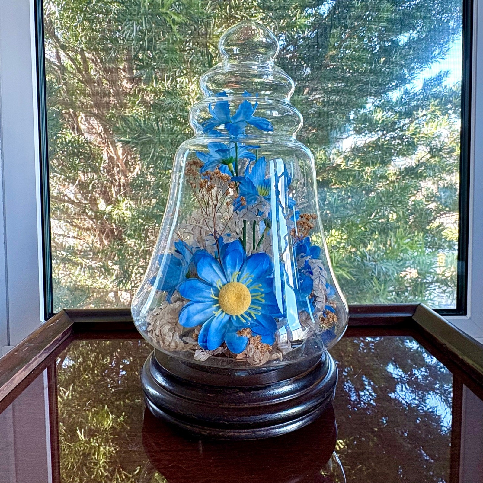 Vintage Glass Bell Jar Dome with Blue Floral Arrangement on Wood Base