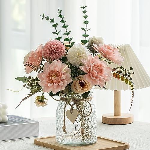 Fake Flowers with Vase,Faux Flowers in Vase for Home Decor,Silk Pink Dahlia 1
