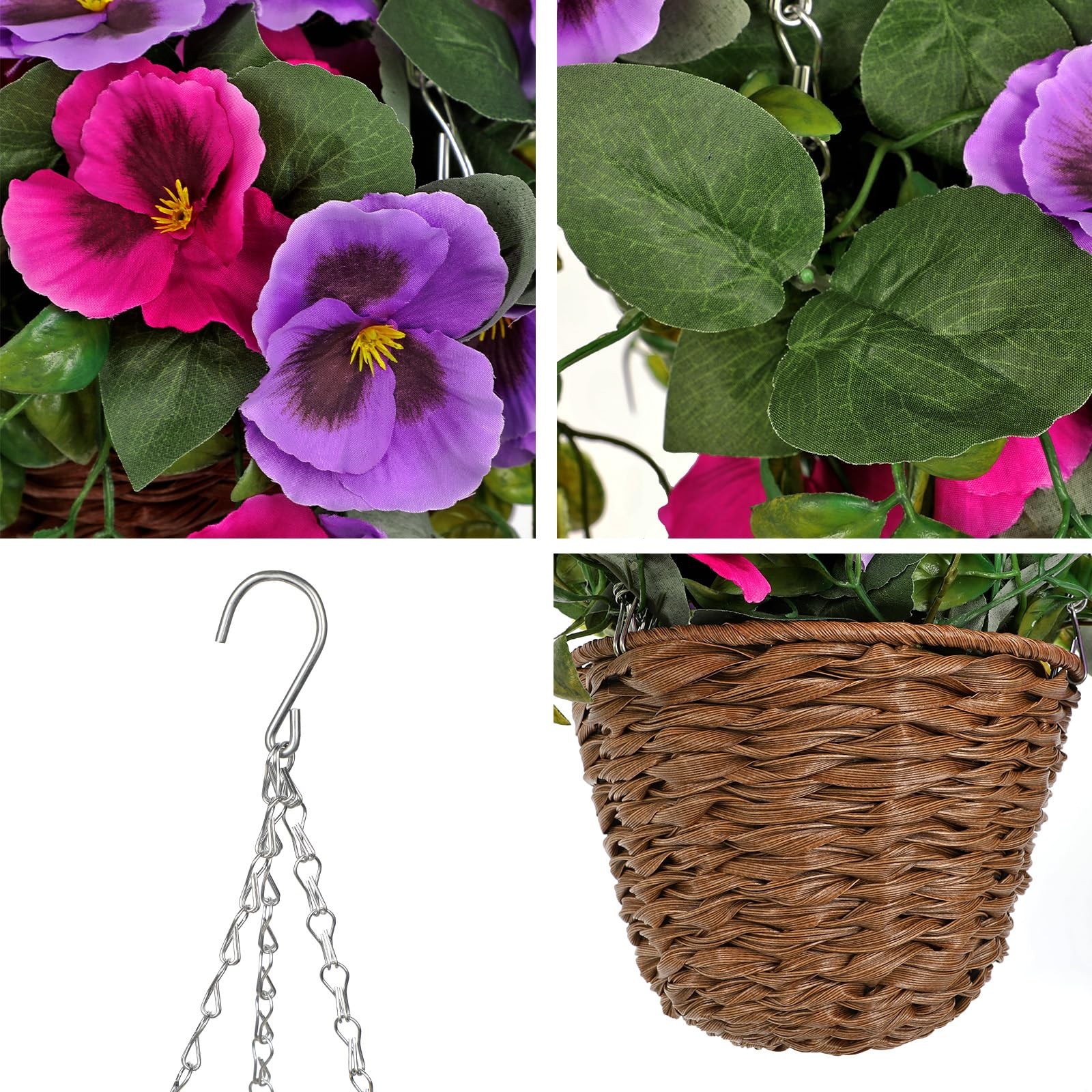 Artificial Hanging Basket Pansy Flowers Outdoor – 25.5” UV-Resistant Hot Pink…