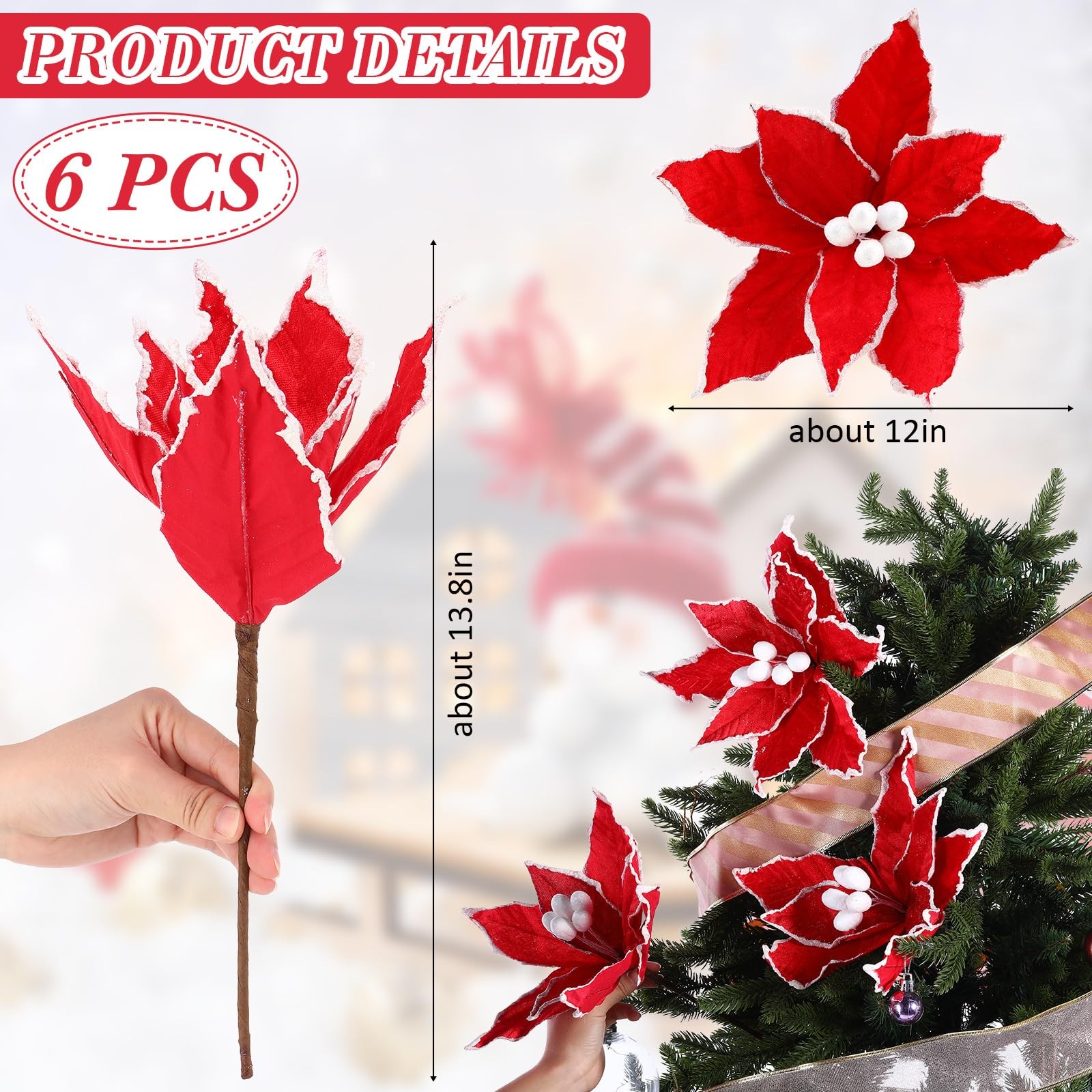 6 PCS Christmas Poinsettia Flowers Artificial 12 Inch Large Frost Edged Red