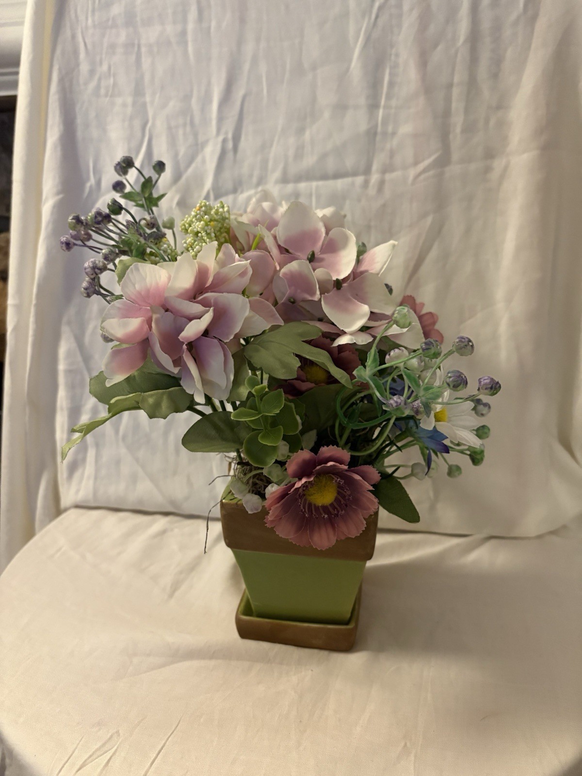 New Handmade Floral Arrangement In Green Ceramic Planter SKU WR27 Size 12 X 12”