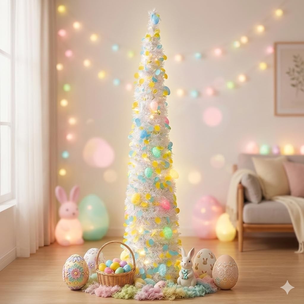 5Ft Lighted Easter Egg Tree 40 LED Colored Lights 20 Eggs Pop Up Tinsel