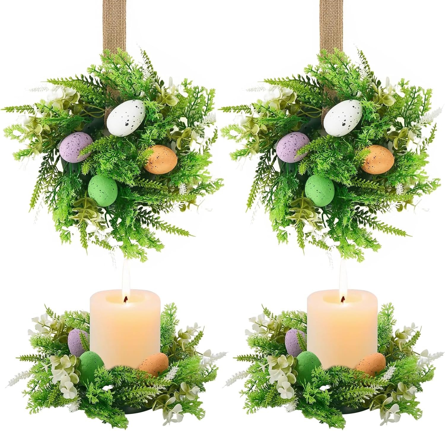 4 PCS Eucalyptus Taper Candle Rings Wreaths White Berry 1.38″ Mini Spring Summer