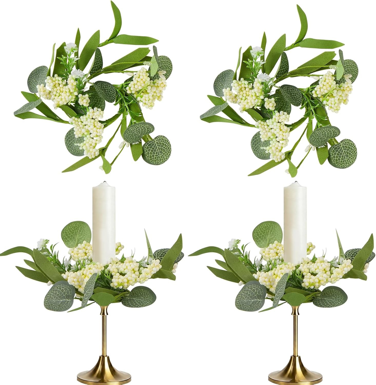4 PCS Eucalyptus Taper Candle Rings Wreaths White Berry 1.38″ Mini Spring Summer