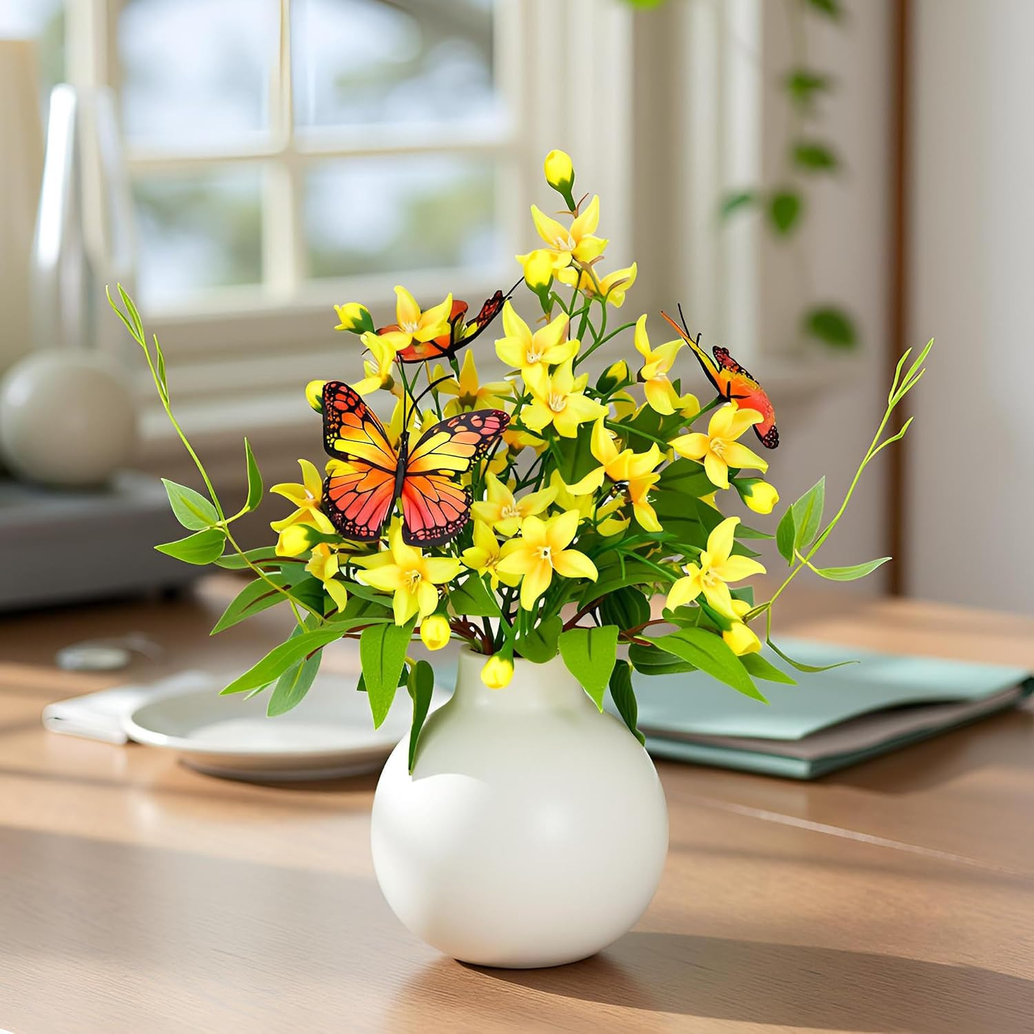 Ivory Freesia Bouquet in Ceramic Vase – No Upkeep Silk Flower Centerpiece