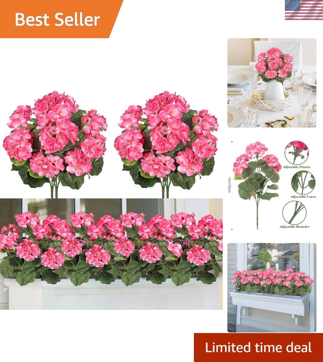 Stunning Geranium Pink Faux Floral Bush Set – Perfect for Weddings & Home Decor