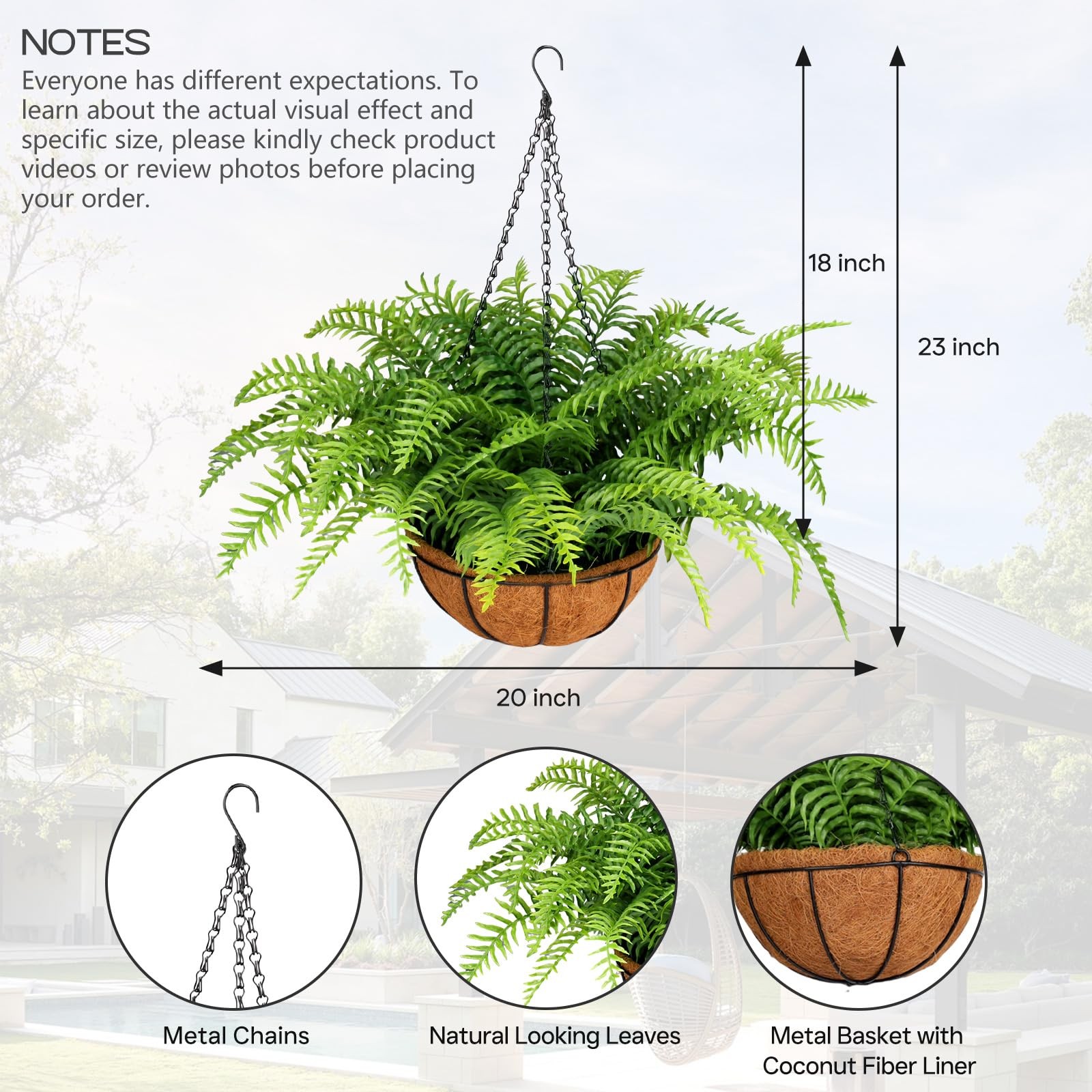 PABREY 2 Set Fake Ferns with Hanging Baskets, UV Resistant Fake Hanging Ferns…