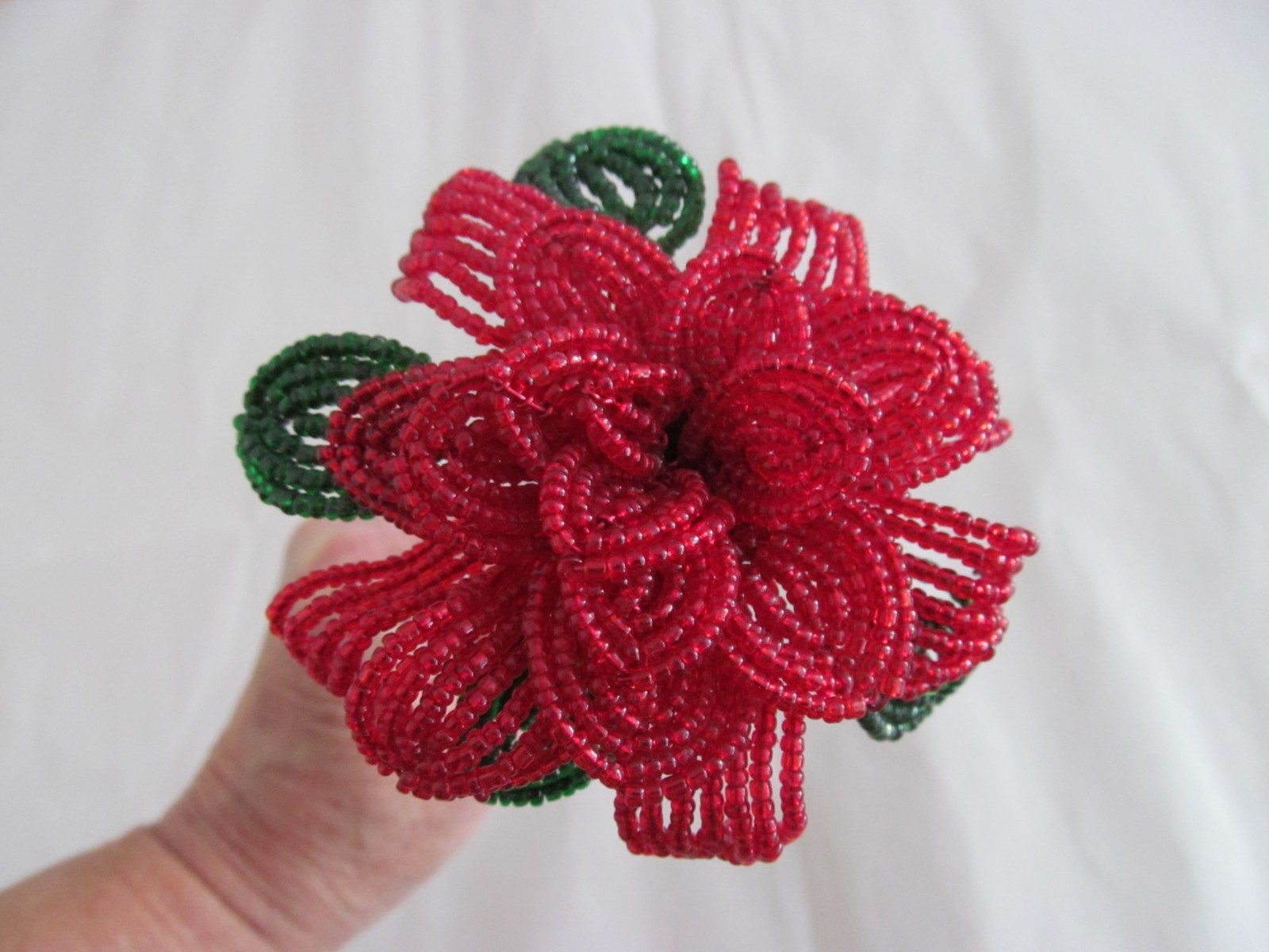 Handcrafted Red & Green French Beaded Flower with Stem Home Decor Gift 11 inch