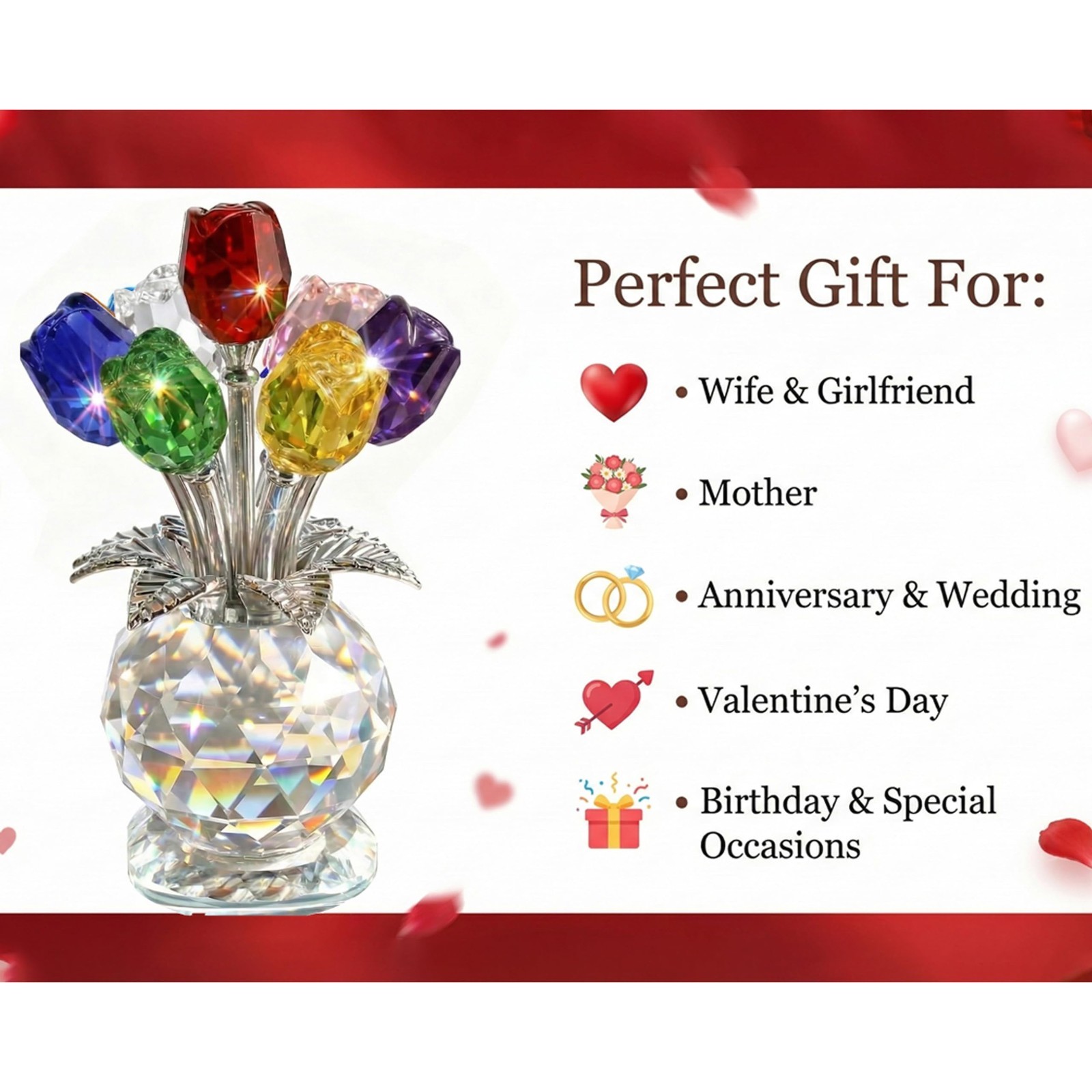 4.7 Inch Crystal Rose Bouquet – 7 Colorful K9 Glass Roses for Home Decor