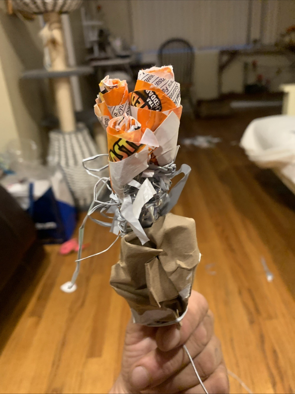 Three Rose Stems w/orange Rose Buds Made From •Gold Fish Snack Cover Wrap W Love