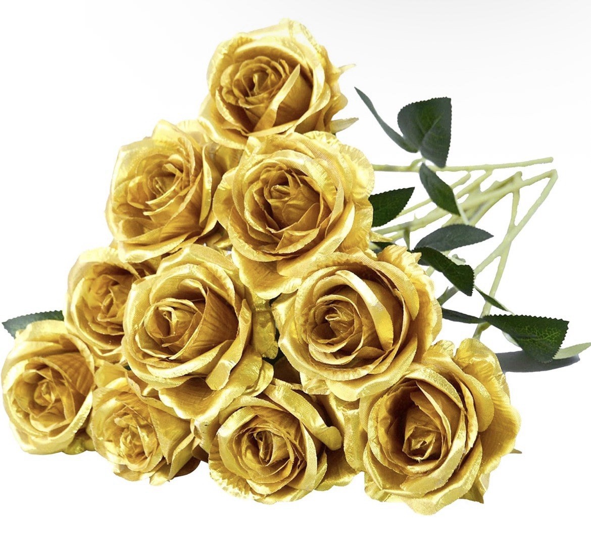 10 Pcs Gold Rose Artificial Flower, Faux Silk Flowers With Long Stems, Fake…