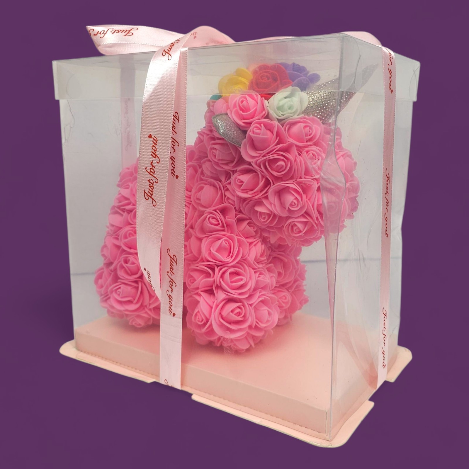 Rose Unicorn Gift – Pink Foam Flowers, Rainbow Mane, “Just For You” Box Damaged