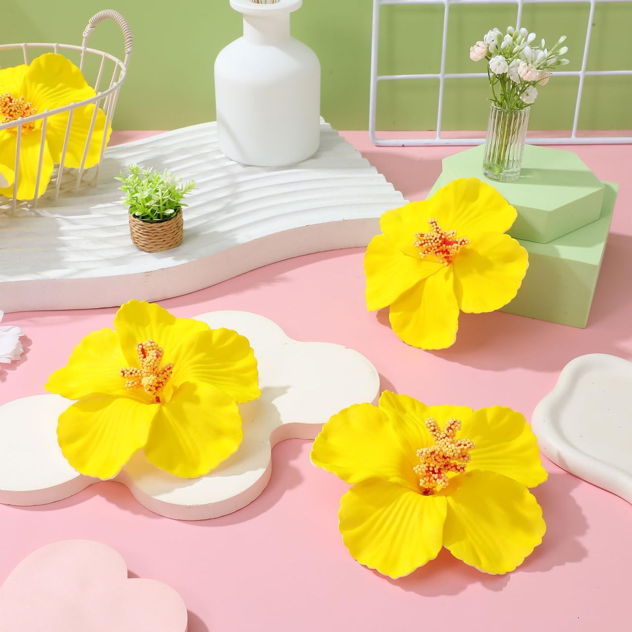 20 Pcs Yellow Artificial Hibiscus Flowers, Fake Hawaiian Flowers for Luau Par…