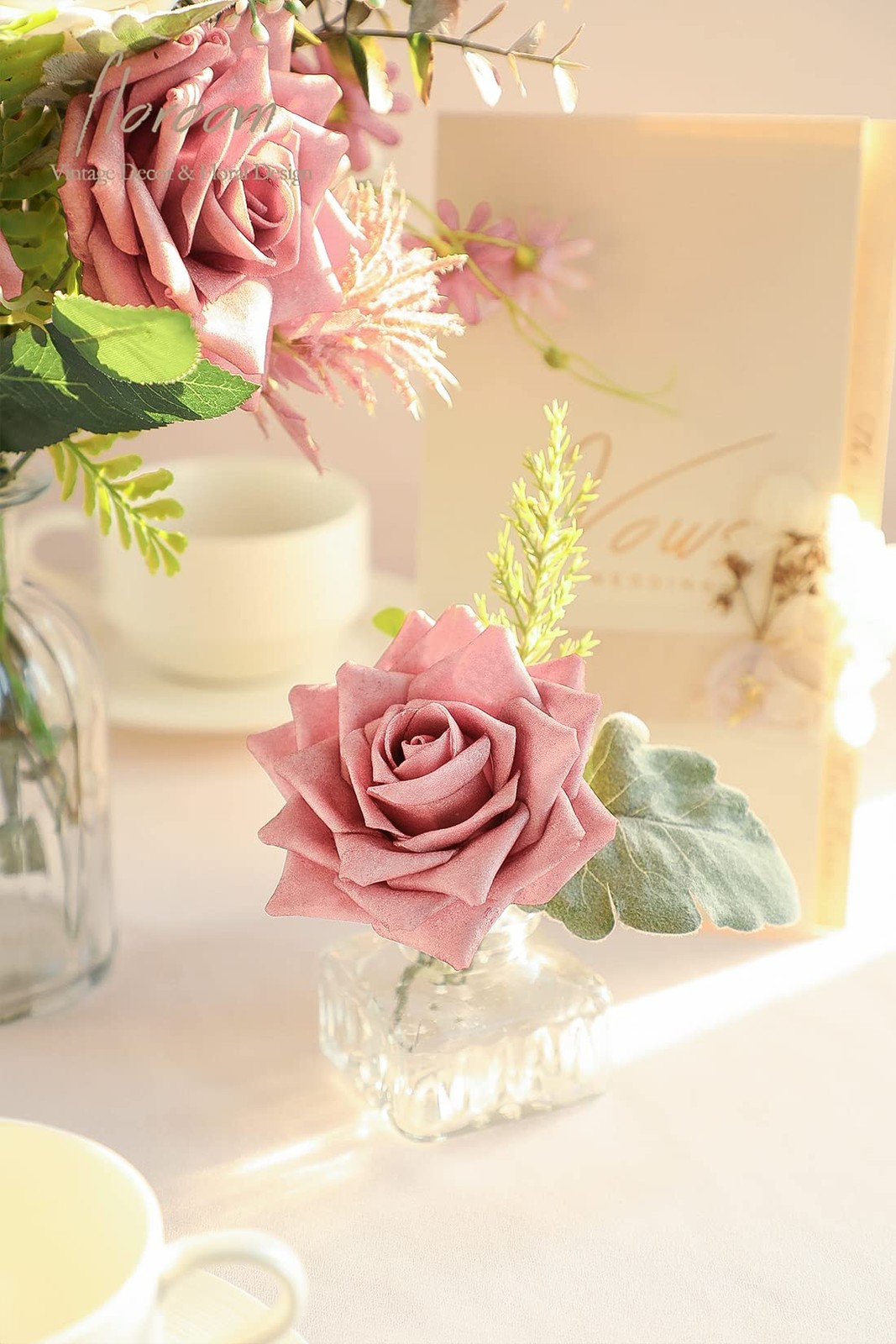 Artificial Flowers 16pcs 3.5″ Real Looking Dusty Rose Foam Fake Hybrid Tea Ro…