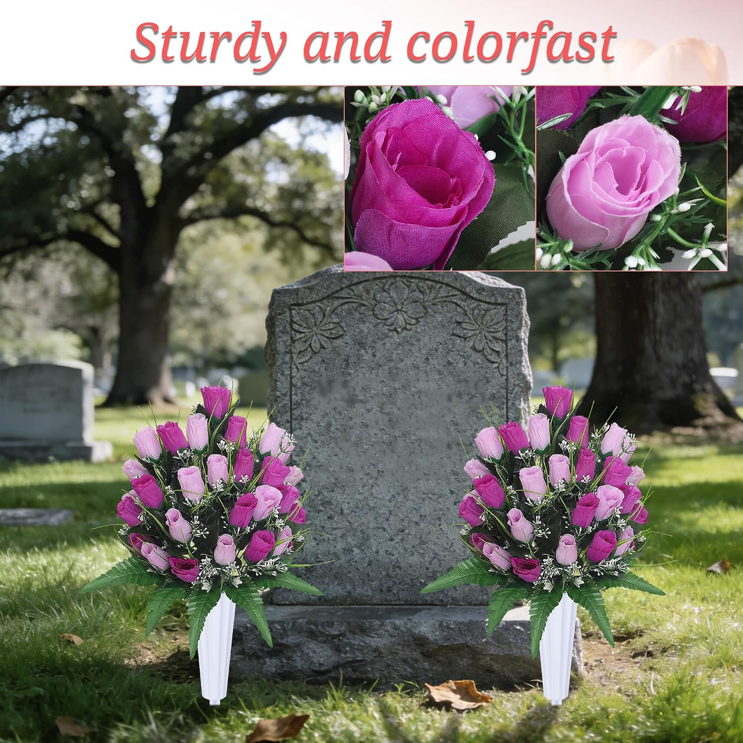 Artificial Cemetery Flowers with Vases 2 Sets Memorial Rose Bouquets for Outdoor