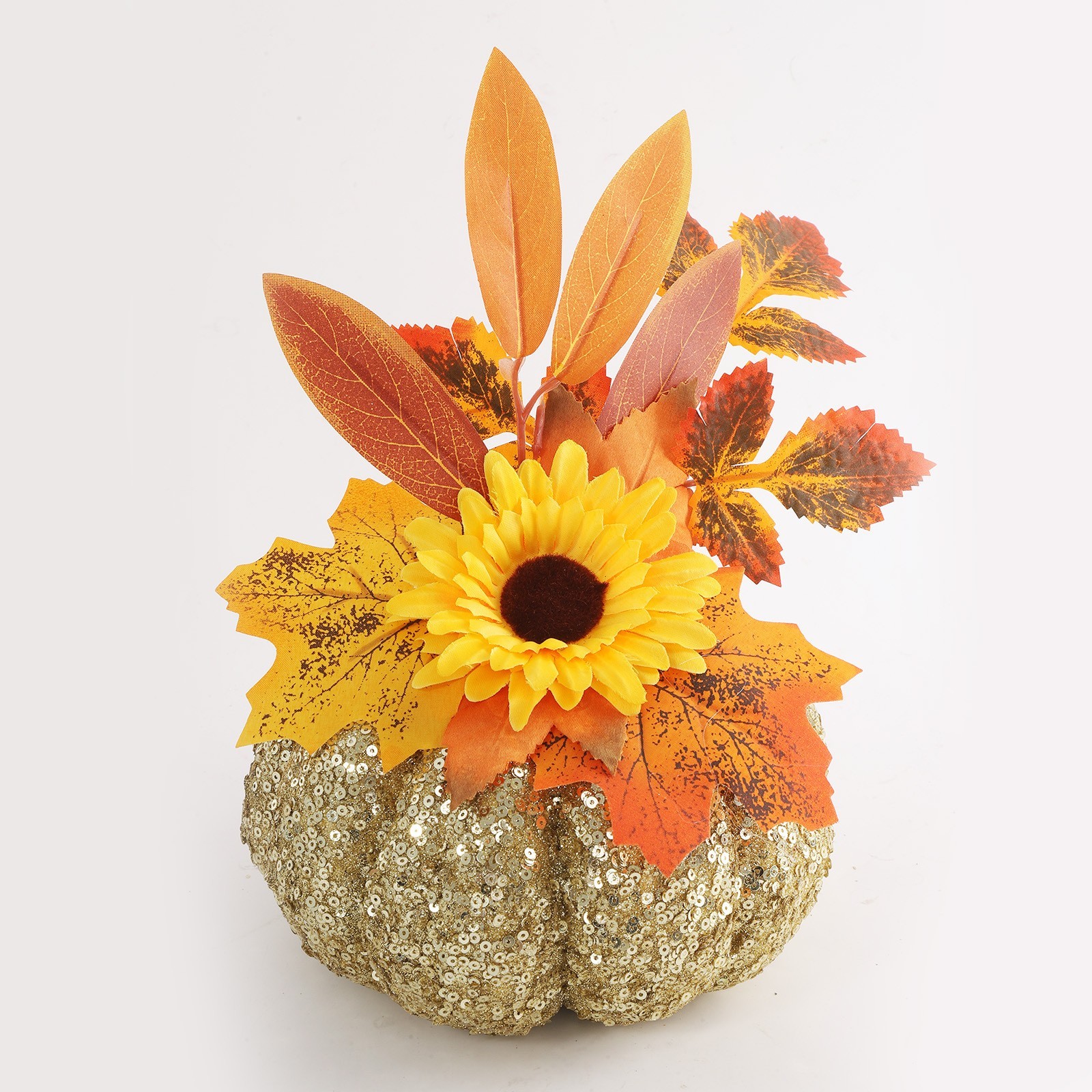 Table Centerpiece: Glitter Pumpkin with Silk Dahlias and Printed Leaves