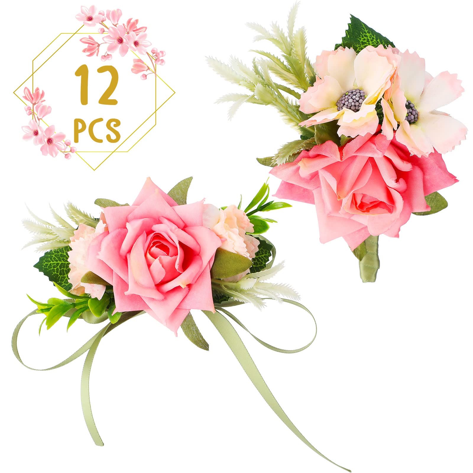 12 PCS Boutonniere Corsage Set Wedding Party Flower Wrist Pink Men Women Prom