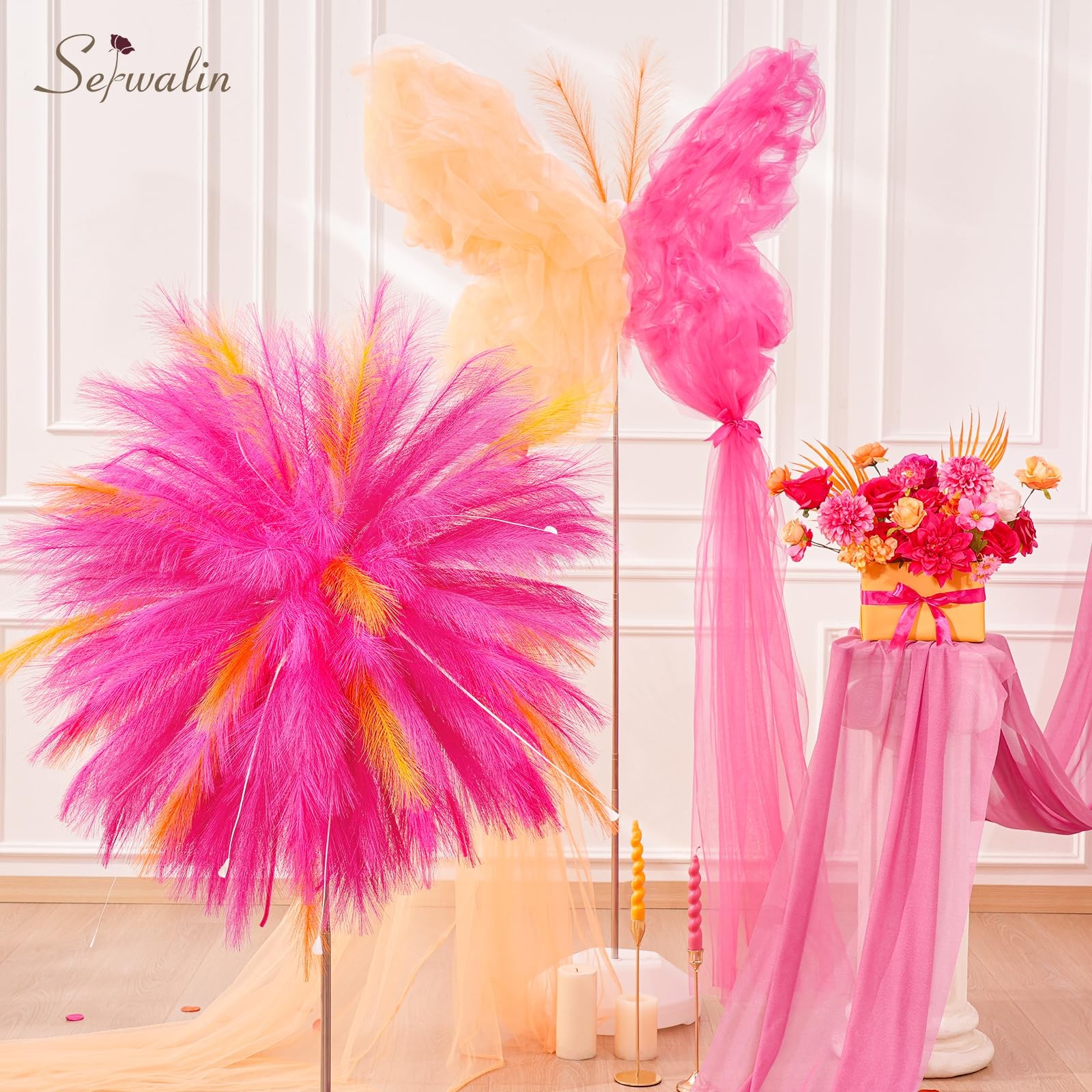60Pcs Hot Pink Pampas Grass Decor, 17.7” Faux Pampas Grass, Artificial Pampa…