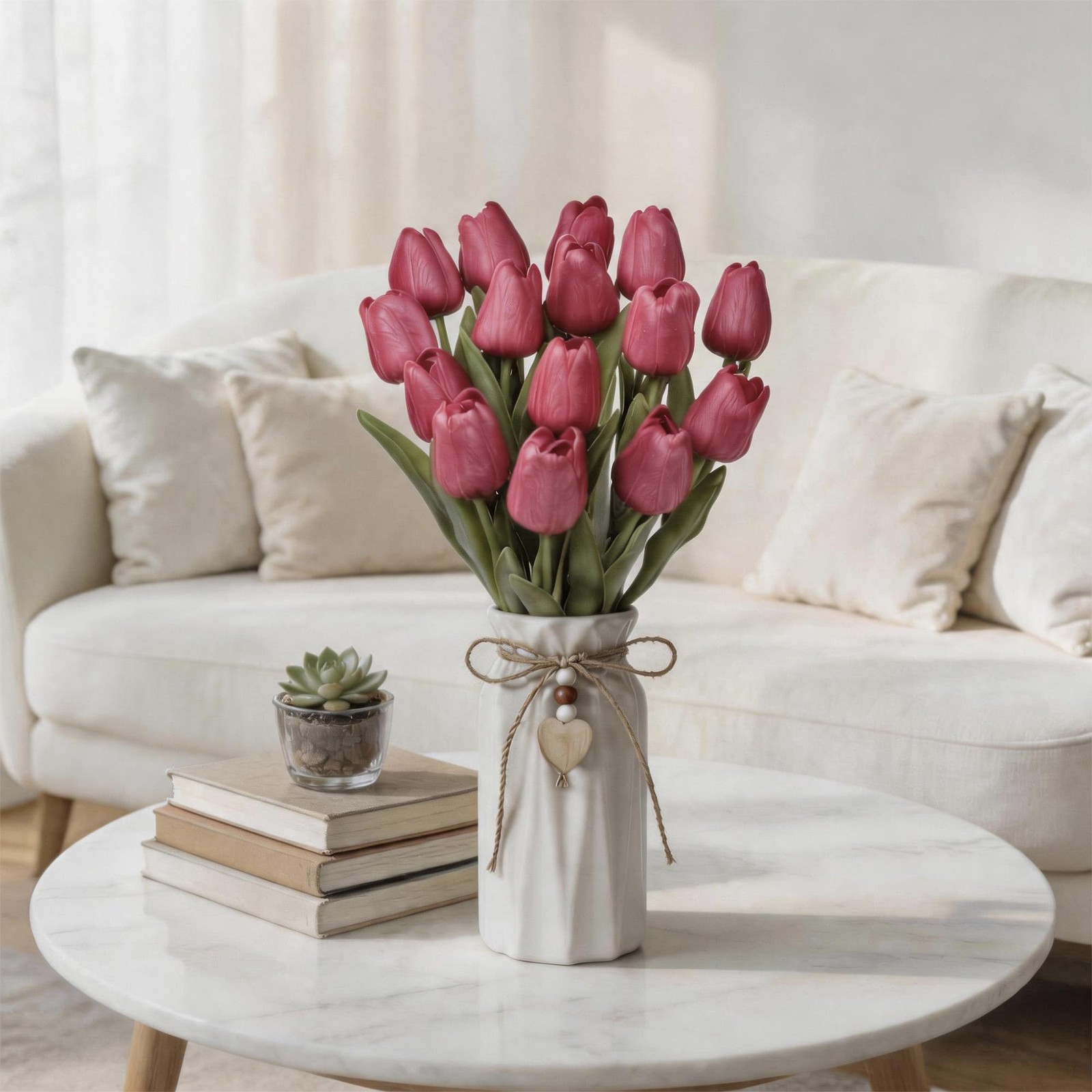 Artificial Tulip Flower Arrangement in Ceramic Vase with Rustic Heart Charm, …