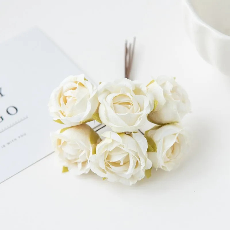 6Pcs Artificial Silk Tea Rose Mini Bouquet for Wedding Christmas Diy Home Decor