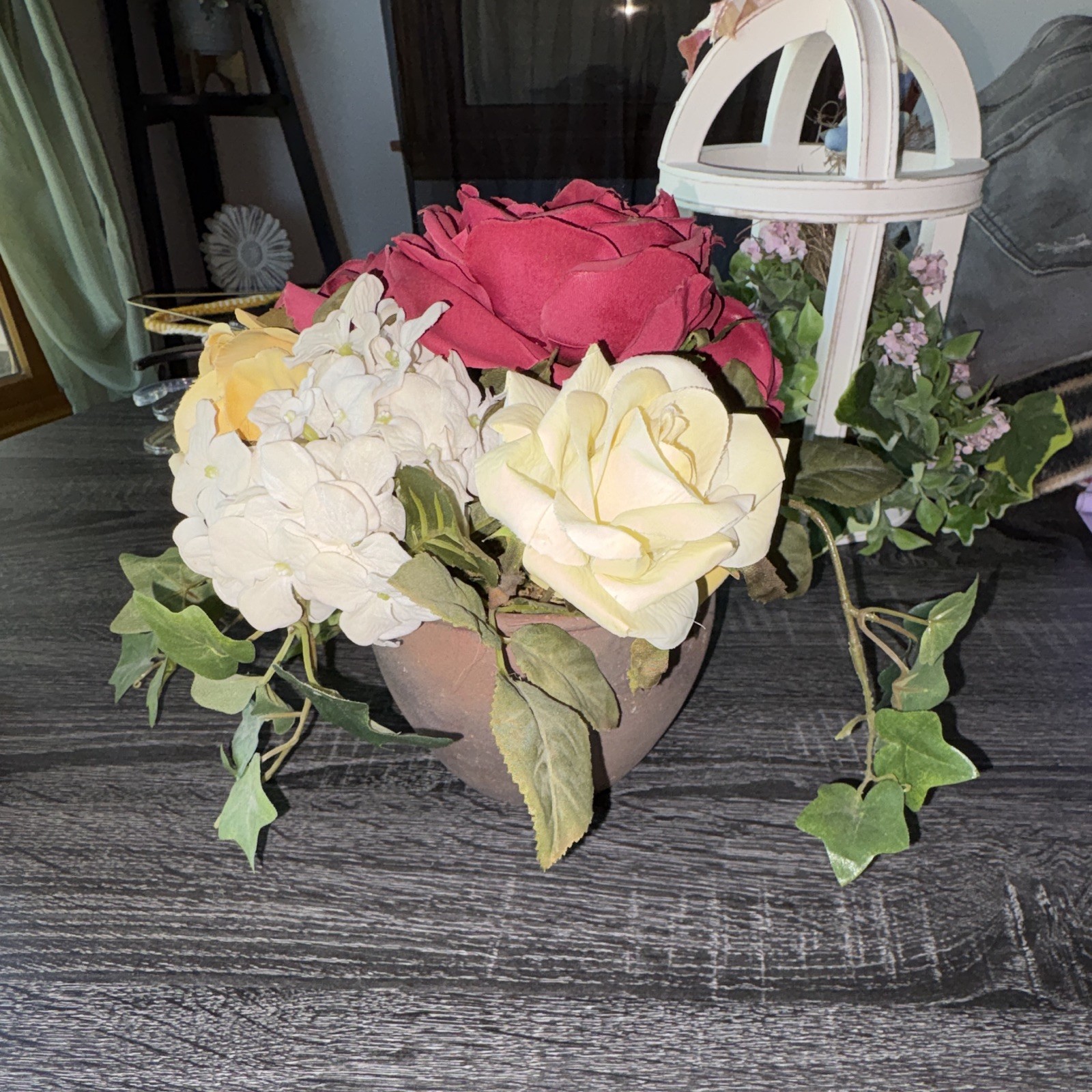 Artificial Rose Hydrangea Ivy Floral Arrangement in Pot Pink Yellow White Green