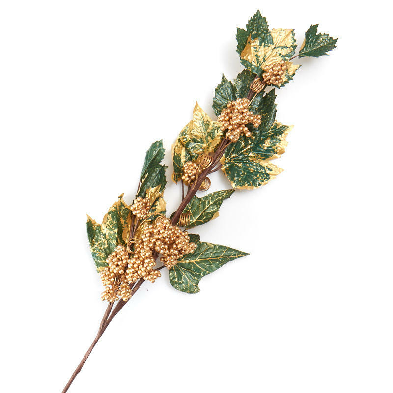 Factory Direct Craft Artificial Gold Berry Cluster and Leaf Stems