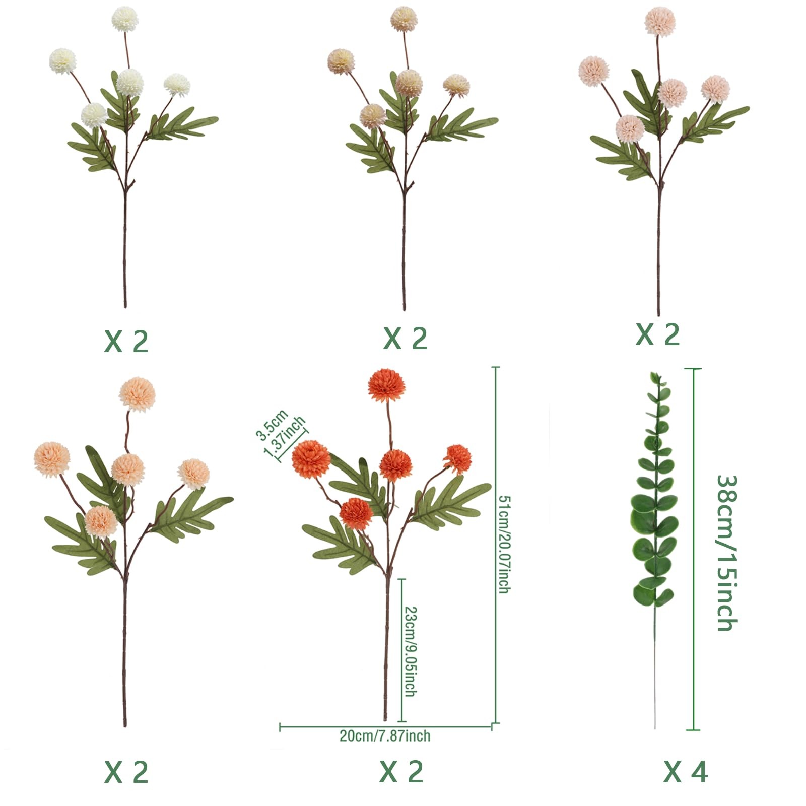 10pcs Faux Mixed Color Kiku Flowers, 5 Heads Each Stem & 4 Branches Eucalyptu…