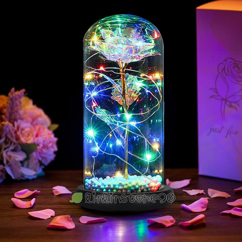 Eternal Rose Flower In Glass Dome LED Light Decor Birthday Mothers Day Christmas