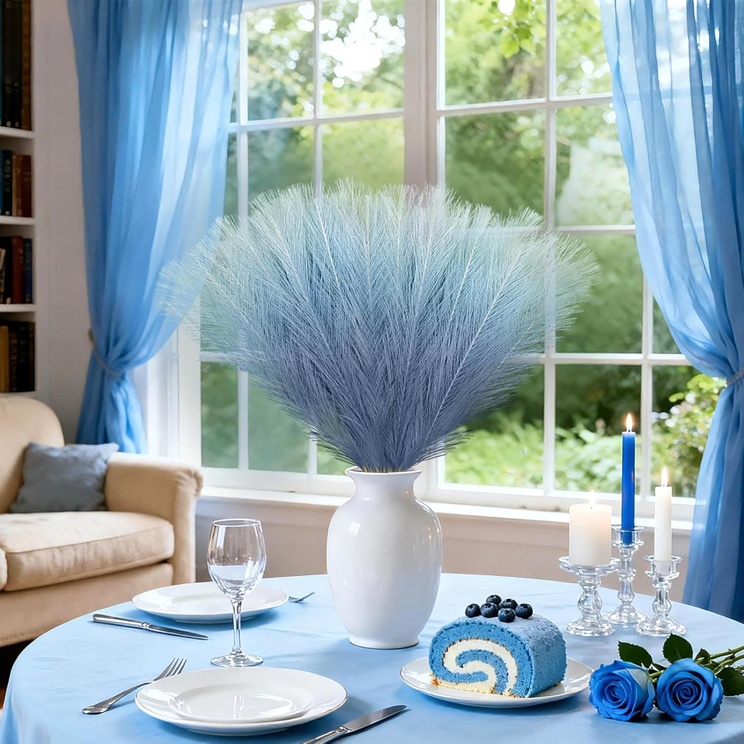 Light Blue Pampas Grass Decor, 50Pcs 21.6 Inch Artificial Faux Pompas Grass Smal