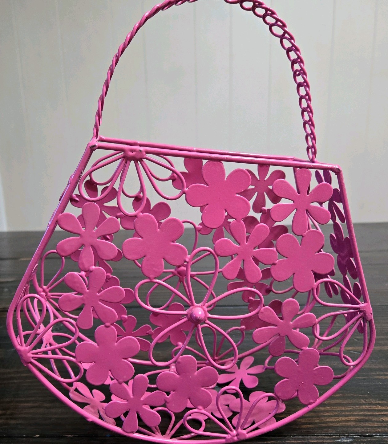 Pink Metal Floral Purse-Basket With Handle-Pink Flowers